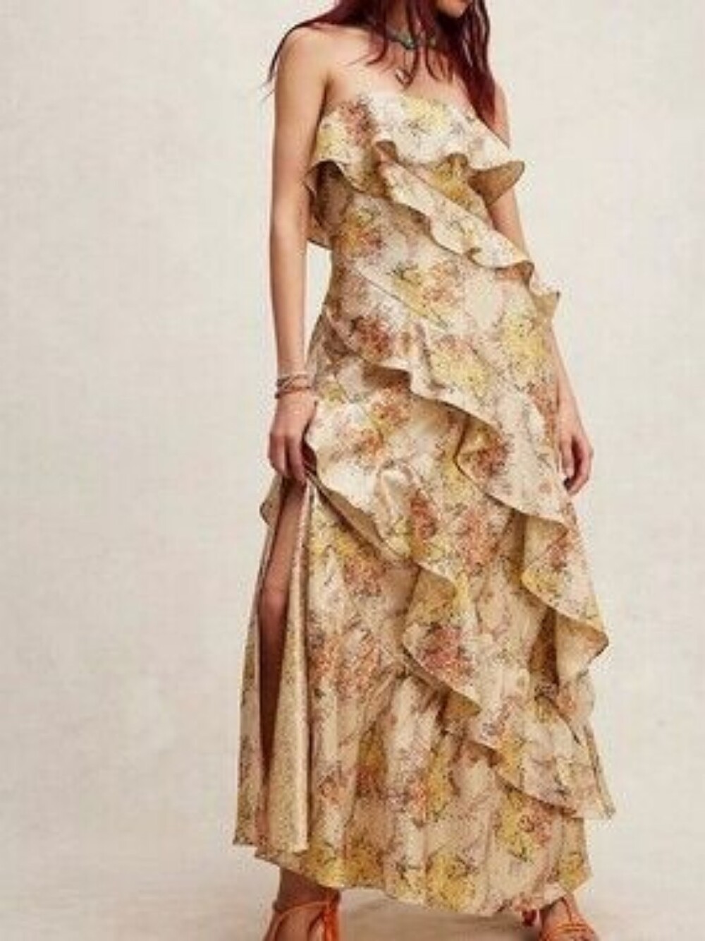 Free People Riveria Gold Floral Brocade Ruffle Maxi Dress Strapless Slit Size 4